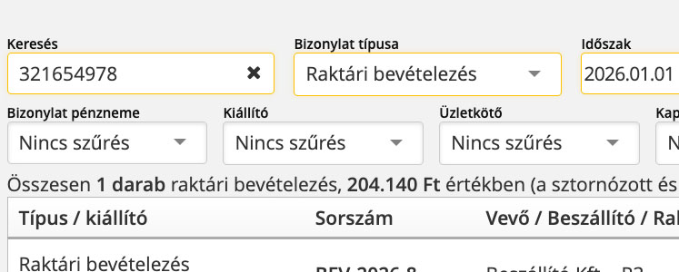 Keresés a beszállítói számla vagy szállítólevél száma alapján
