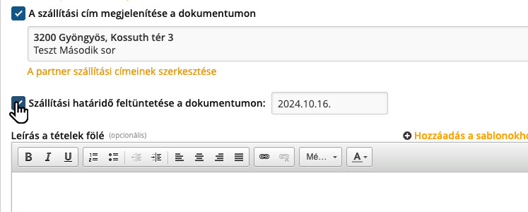 Univerzális dokumentum: szállítási cím, szállítási határidő és Excel letöltés